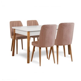 Hanah Home Santiago Atlantic-White Stone Conjunto Mesa y Sillas Extensibles Comedor Pino Atlántico Blanco Piedra Melamina Terciopelo